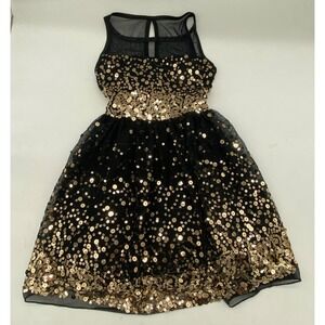 Crystal Doll Girls Black Gold Sequin Tulle Party‎ Dress Size 8 Sleeveless Bow